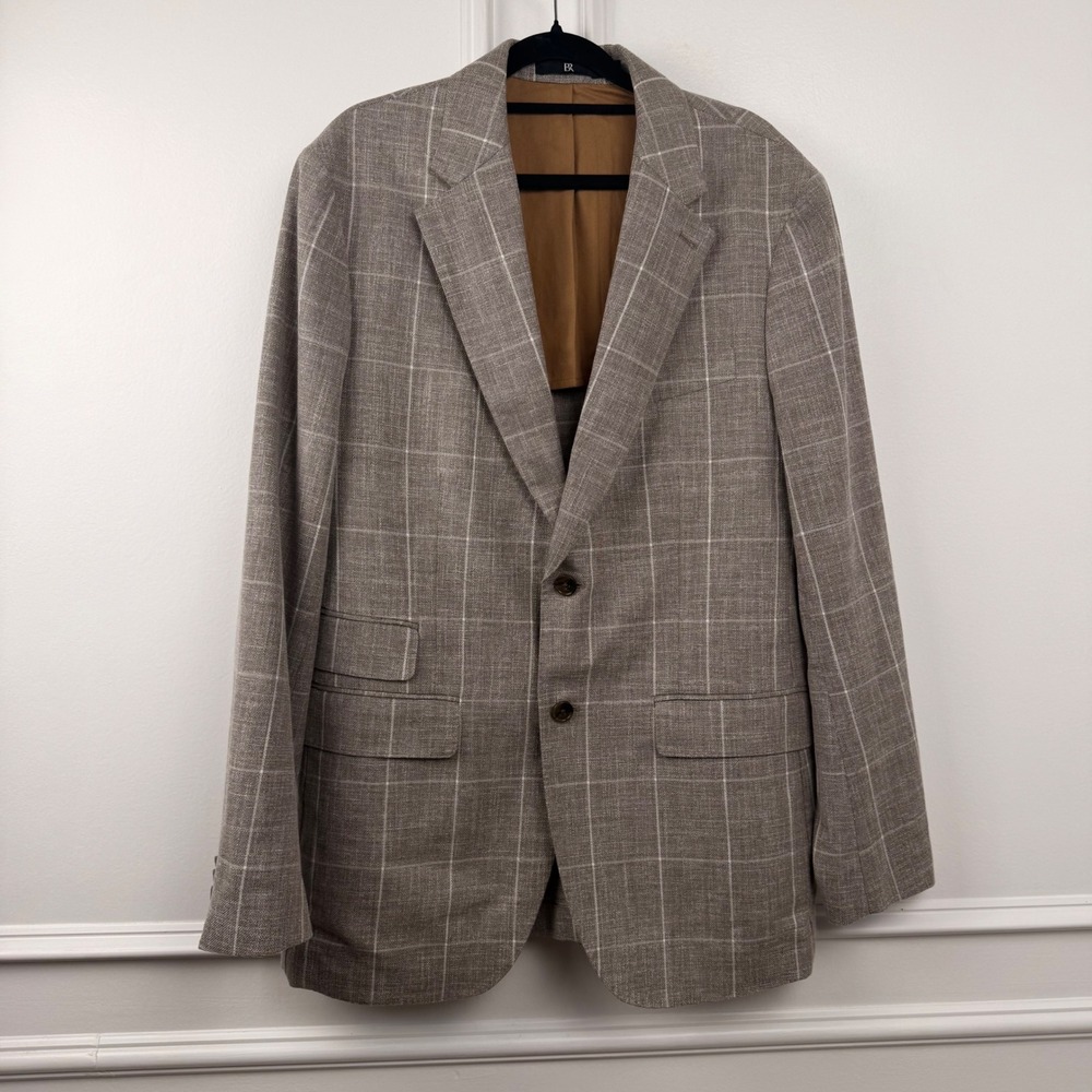 Banana Republic Mens 40R Tailored Slim Fit Cotton Windowpane Plaid Blazer Brown